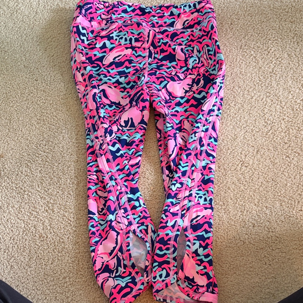 Lilly Pulitzer Neon Pink Luxeletic Capri Leggings with Navy & Aqua Print - Picture 3 of 4